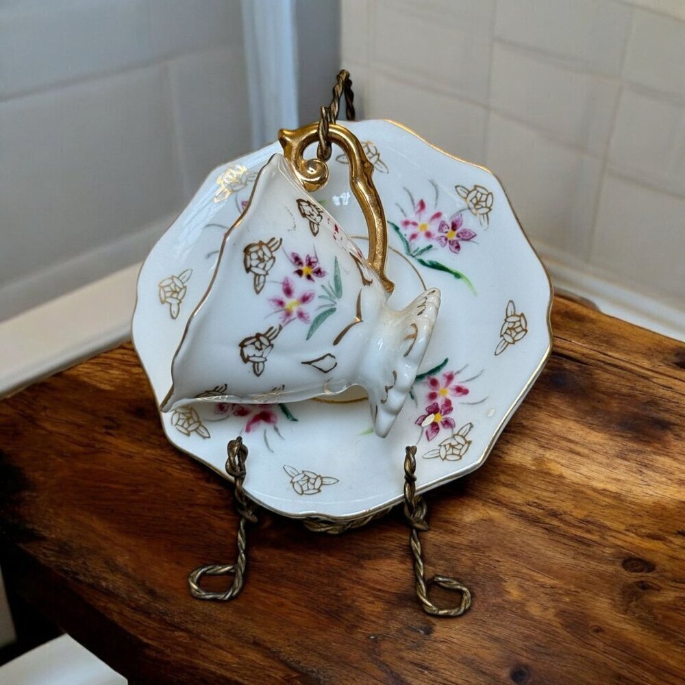 Vintage Miniature Ornate Teacup Cup with Tiny Flowers, Saucer Made in Japan 1.5"